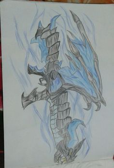 a drawing of a dragon with blue flames on it's back legs and wings