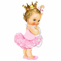 a baby girl wearing a tiara and pink dress with pearls on it's head