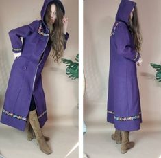 "Stunning Vintage Bohemian Hooded Coat with Folk Floral Trim - what a cool piece - beautiful statement coat in deep purple with pretty trims - so enchanting - great over everything from jeans and a blouse to a Gunne Sax gown, or something simple and minimalist hood zip front small front pockets - faux breast pockets lined no tags or labels I'm not sure what the fabric is so if you have fiber allergies or strong preferences, best to pass - it is a medium weight warm fabric - feels like wool blend Long Purple Winter Outerwear, Vintage Purple Hooded Outerwear, Fitted Bohemian Purple Outerwear, Fitted Purple Bohemian Outerwear, Bohemian Purple Outerwear For Festivals, Army Coat, White Faux Fur Coat, Black Duster, Bohemian Jackets