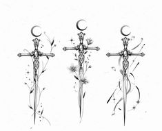 three crosses with flowers on them and the moon in the sky behind them, all drawn by hand