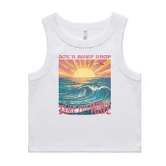 Crop tops are a big deal, but tank tops are an even bigger deal. So we decided to make our first crop tank top! And on top of that, its ribbed! You can't go to any beach in California and not find 10+ people wearing a crop top/crop tank. We decided to join the party and make the first Joe's Surf Shop crop tank, the Joe's Surf Shop Organic Rib Crop Tank. This ribbed tank top is comfortable yet super cute for all occasions. Slim fit Heavy weight, 9.7 oz 95% organic cotton 5% elastane Self fabric w Casual Summer Beach Muscle Tee, Trendy Summer Tank Muscle Tee, Summer Graphic Print Racerback Crop Top, Cotton Tank Top For Beach Season, White Tank Top For Beach Season, White Tank Crop Top For Beach, Cropped Muscle Tee For Summer, Trendy Sleeveless Crop Top For Beach Season, Trendy Beach Tank Crop Top