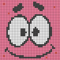 a pink and black cross stitched pattern with two white eyes on it's face