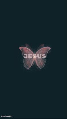 a butterfly with the word jesus written on it's wings in front of a dark background