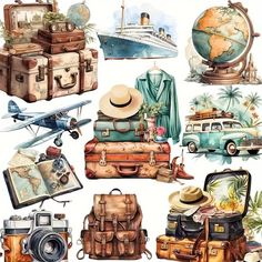 an image of various travel items in watercolor and pen and ink on white paper