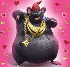 the rat is wearing a hat and holding a microphone in his hand, with hearts all around him