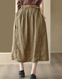 Women's Buckles Summer Linen Skirt — Obiono Casual Khaki Maxi Skirt For Spring, Beige Casual Non-stretch Skirt, Khaki Midi Skirt For Summer, Casual Beige Maxi Skirt, Summer Khaki Skirt With Pockets, Khaki Skirt With Pockets For Summer, Casual Khaki Cotton Skirt, Khaki Summer Skirt Solid Color, Solid Color Khaki Skirt For Summer