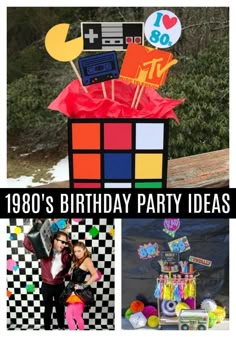 birthday party ideas for the 80s's and 90's including cake, cupcakes, candy bars, decorations