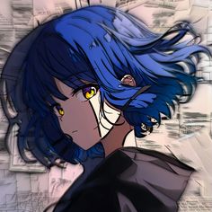 an anime character with blue hair and yellow eyes looking to the side in front of papers