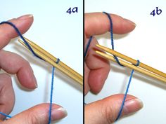 two pictures showing how to knit the ends of knitting needles with blue yarn on them