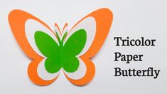 an orange and green butterfly with the words tricolor paper butterfly on it's back