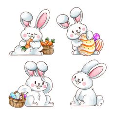 four cartoon easter bunnies with eggs and carrots