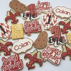 decorated cookies are arranged on a table