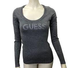 Rhinestone Guess At Front Rib Cuff ,Neck And Hem Body Hugging Fit Size: Sm Color: Gray 73% Rayon 27% Nylon Approximate Measurements Lying Flat: Pit To Pit 15." Length Measured From Shoulder Top To Bottom 24" Comes From Smoke/Pet Free Home. White Tunic Sweater, Rhinestone Sweater, Pink Oversized Sweater, Fall Pullover, Faux Fur Sweater, Sparkly Sweater, Teal Sweater, Crop Top Sweater, Pullover Sweater Women