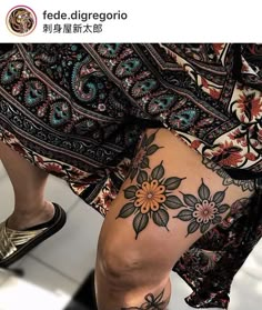 Inner Bicep Tattoo Women Traditional, Asethic Tattoos Women, Leg Sleeves For Females Traditional, American Trad Leg Sleeve, Above Knee Traditional Tattoo, Traditional Folk Flower Tattoo, Feminine Traditional Tattoo Flash, American Traditional Thigh Piece, Traditional Shin Tattoos For Women