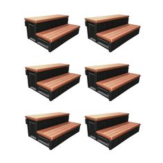 six brown benches sitting next to each other on top of a white surface with black trim