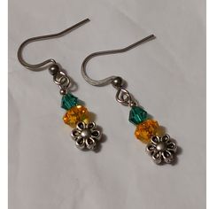 Sparkling Handmade Silver Flower Earrings With Orange And Green Beads. Comes From A Smoke Free Home. Ch 061 Silver Flower Beaded Earrings For Gift, Silver Flower Beaded Earrings As Gift, Handmade Silver Beaded Flower Earrings, Handmade Silver Flower Beaded Earrings, Silver Beaded Earrings For Crafting, Flowers Earrings, Wire Wrapped Jewelry Tutorials, Silver Flower Earrings, Green Beads