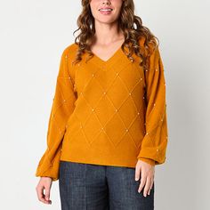 Elevate your everyday style with this Liz Claiborne women's pullover sweater designed with a unique pearl-embellished argyle knit pattern. It's made from a cozy stretch-knit for a classic-fit with a flattering v-neckline, long sleeves and ribbed trims. Pair it with jeans and ankle boots or dress it up with a skirt and heels. Closure Type: Pullover HeadFit: Classic FitNeckline: V NeckSleeve Length: Long SleeveSleeve Style: Fitted SleeveApparel Length: 25 Inches - BackFiber Content: 69% Acrylic, 2 Honey Ginger, Large Sweaters, Small Sweater, Long Sleeve Pullover Sweater, Yellow Sweater, Pullover Sweater Women, Sweater Design, Knit Patterns, Liz Claiborne