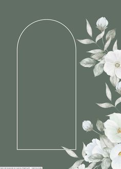 an arch with white flowers and leaves on a dark green background is featured in this image