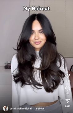 Long Layered Haircuts For Thick Hair Brunettes Dark Brown, Long Voluminous Hair Layers, Floating Layers Hair, Chic Long Hair, Layered Vs Non Layered Hair, Haircuts For Round Faces Long Layered, Latina Hairstyles Long, Black Hair Layers, Dark Brown Long Hair