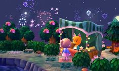 an animal crossing game with fireworks in the background