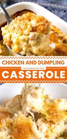 chicken and dumpling casserole in a white dish