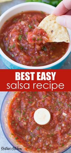 salsa in a food processor with tortilla chips on the side and text overlay that reads best easy salsa recipe