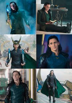 several photos of loki in various scenes from the avengers movie, including an image of loki and