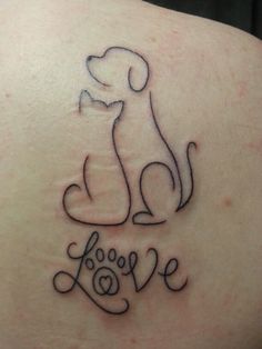 a dog and cat sitting on top of each other with the word love written below it