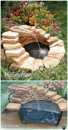 an outdoor fire pit made out of bricks with water coming from the top and bottom