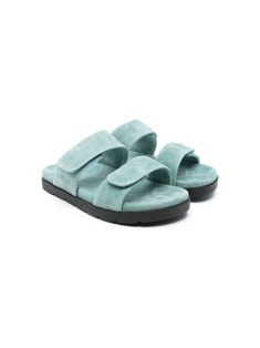 aqua blue suede double-strap design front touch-strap fastening almond open toe branded leather insole rubber sole Blue Suede Sandals With Removable Insole, Blue Sandals, Suede Sandals, Open Toe Sandals, Strap Design, Blue Suede, Boys Shoes, Aqua Blue, Open Toe