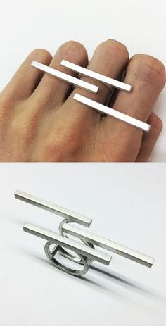 I love big contemporary ring! statement ring with three silver bars and disguised ring shank / band Minimalist Metal Stackable Rings, Architectural Rings, Big Statement Rings, Jewellery Shops, Jewerly Designs, Bar Ring, Contemporary Ring, Towel Ring, Statement Ring Silver