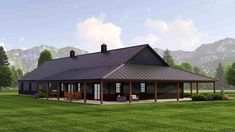 an artist's rendering of a house in the middle of a grassy field with mountains in the background