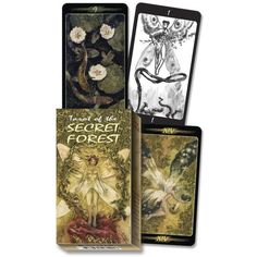 three tarot cards with the words secret forest on them