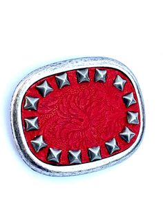 A red embossed leather western belt buckle is a stylish way to go. The decorative antique silver spots make your buckle the focal point of your outfit. The oval buckle is easy to add to your favorite belt. Dress up your outfit with some bling when it needs a little extra something. The buckle can be paired with many of Brooklyn Buckles interchangeable snap belts.  This listing is for a buckle only but the belt can be purchased for an additional cost. The buckle fits belts up to a belt width of 1 Western Cowgirl Style, Western Leather Belt, Leather Belt Buckle, Handmade Leather Belt, Red Studs, Western Belt Buckles, Silver Belt Buckle, Silver Belt, Western Belt