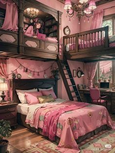 a bedroom with bunk beds and pink walls