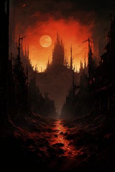 an image of a castle in the sky that is red and orange with dark clouds