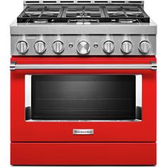 a red oven with two burners on the front and one in the back, against a white background