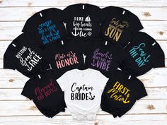 six bride shirts with different colors and font on them, arranged in the shape of a circle