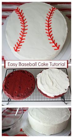 the cake is decorated like a baseball and has white frosting with red stitches on it