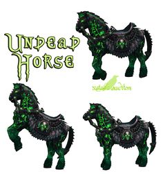 three different images of a horse with green decorations on its back and sides, all in black