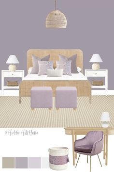 a bedroom is shown in shades of lavender and white