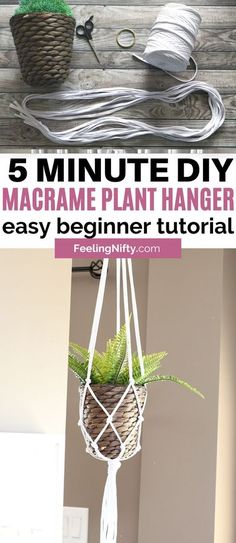 a macrame plant hanger is hanging on the wall with text overlay