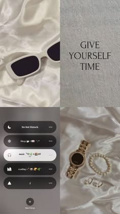 an image of a pair of sunglasses on top of a bed with the caption give yourself time