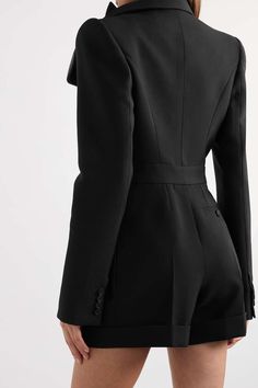 ALEXANDER MCQUEEN Appliquéd satin-trimmed wool playsuit | NET-A-PORTER Fitted Tuxedo-style Structured Pantsuit, Structured Tuxedo Style Fitted Pantsuit, Fitted Tuxedo Style Structured Pantsuit, Tailored Luxury Structured Pantsuit, Fitted Pantsuit With Structured Boning, Fitted Structured Tuxedo Suit, Luxury Fitted Pantsuit For Formal Occasions, Fitted Luxury Pantsuit With Suit Collar, Luxury Fitted Pantsuit With Suit Collar