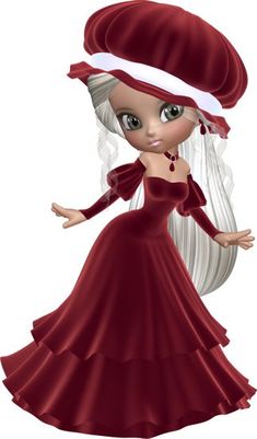 an animated woman in a red dress and white hat with her hands on her hips