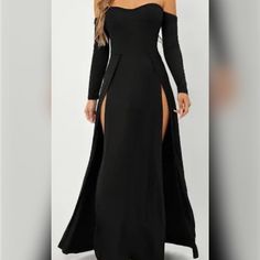 Size X-Small Color Black Brand New Shein Dress, Split Dress, Shein Dresses, Dresses Black, Evening Gowns, Black Color, Off The Shoulder, Split, Black Dress