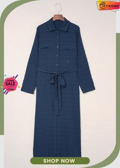 Blue Crinkle Textured Long Sleeve Shirt Dress with Belt Casual Long Sleeve Dress With Crinkle Texture, Blue Casual Maxi Length Shirt Dress, Blue Casual Maxi Shirt Dress, Casual Crinkle Texture Maxi Dress For Spring, Blue Long Sleeve Maxi Dress With Pockets, Casual Long Blue Shirt Dress, Blue Button-up Maxi Dress For Work, Blue Workwear Maxi Dress With Pockets, Blue Maxi Dress With Pockets For Work