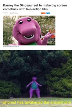 an image of a purple dinosaur with the caption that says,'when he was awake