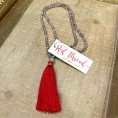 Would Make A Nice Gift! Red Tassel Necklace With Red Thread And Gray-Ish Glass Beads Measurements In Photos Bohemian Red Beaded Necklace For Gift, Bohemian Red Long Necklace For Gift, Red Tasseled Jewelry As A Gift, Red Tassel Necklaces As Gifts, Adjustable Red Jewelry With Tassels, January Birthstone Necklace, Mustard Seed Necklace, Morse Code Necklace, Floral Statement Necklace