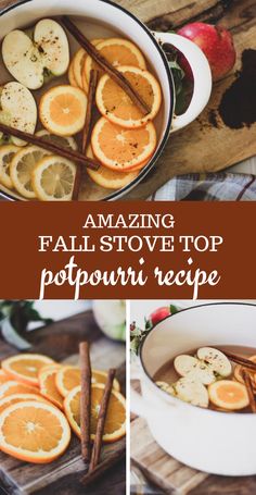 oranges, apples and cinnamon sticks in a pot with text overlay reading amazing fall stove top potpouri recipe